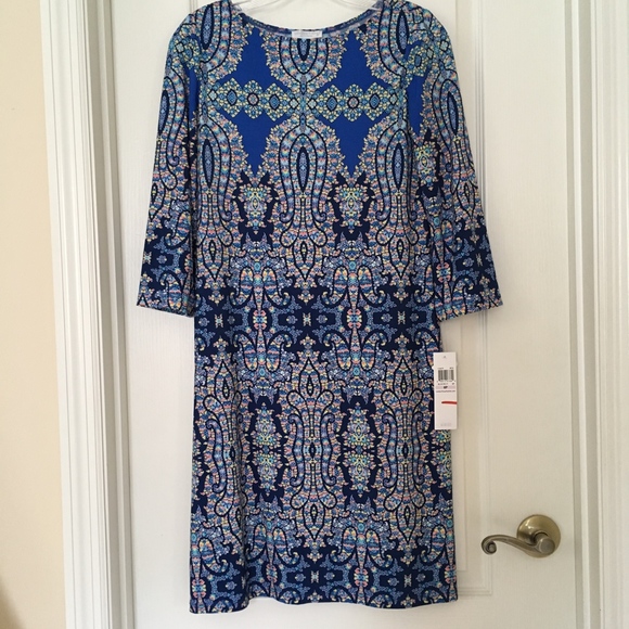 nwt LONDON TIMES Geometric blue Dress size 6 great gift - Picture 1 of 6